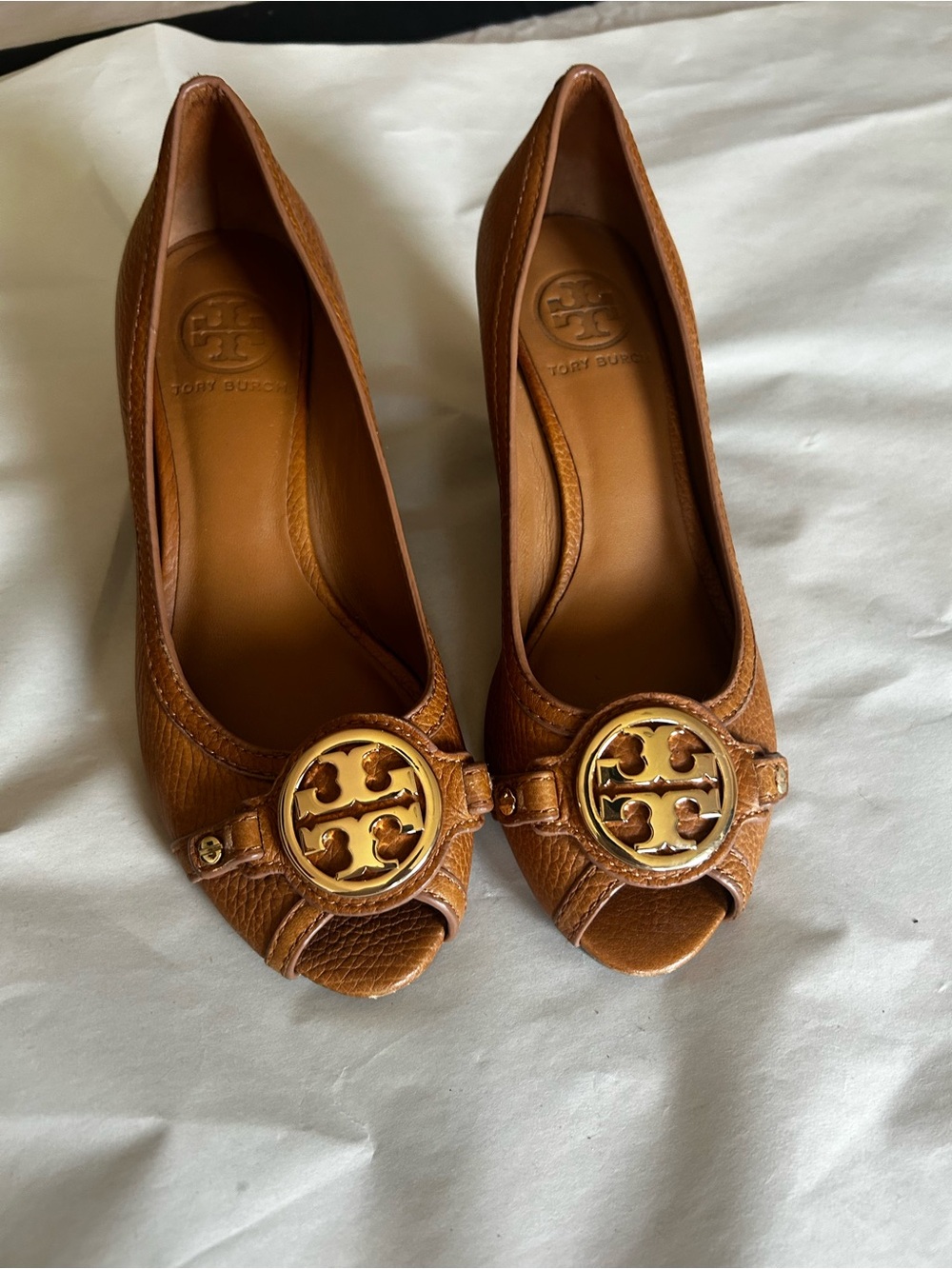Tory Burch Tan Leather Peep-Toe Heels with Gold Logo Medallion